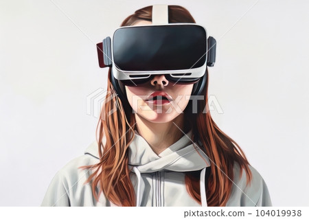 Beautiful cyber woman face in virtual reality glasses isolated on white background AI Beautiful cyber woman face in virtual reality glasses isolated on white background AI 104019938