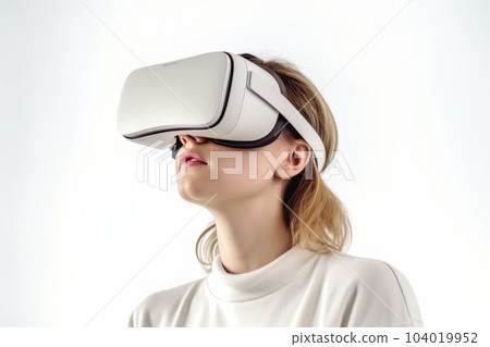 Beautiful cyber woman face in virtual reality glasses isolated on white background AI Beautiful cyber woman face in virtual reality glasses isolated on white background AI 104019952
