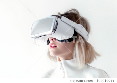 Beautiful cyber woman face in virtual reality glasses isolated on white background AI Beautiful cyber woman face in virtual reality glasses isolated on white background AI 104019954