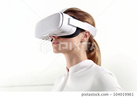 Beautiful cyber woman face in virtual reality glasses isolated on white background AI 104019961