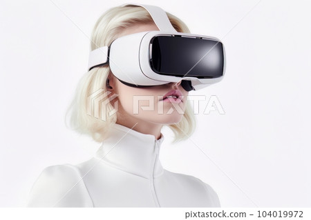 Beautiful cyber woman face in virtual reality glasses isolated on white background AI 104019972