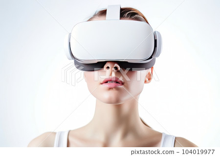Beautiful cyber woman face in virtual reality glasses isolated on white background AI 104019977