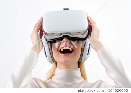 Beautiful cyber woman face in virtual reality glasses isolated on white background AI 104020000