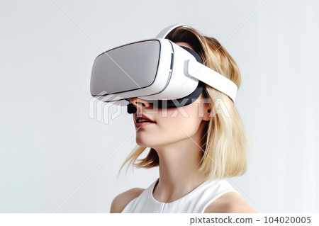 Beautiful cyber woman face in virtual reality glasses isolated on white background AI Beautiful cyber woman face in virtual reality glasses isolated on white background AI 104020005