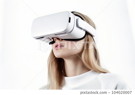 Beautiful cyber woman face in virtual reality glasses isolated on white background AI Beautiful cyber woman face in virtual reality glasses isolated on white background AI 104020007
