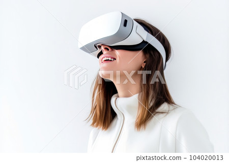 Beautiful cyber woman face in virtual reality glasses isolated on white background AI Beautiful cyber woman face in virtual reality glasses isolated on white background AI 104020013