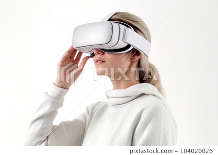 Beautiful cyber woman face in virtual reality glasses isolated on white background AI Beautiful cyber woman face in virtual reality glasses isolated on white background AI 104020026