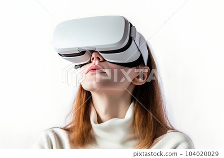Beautiful cyber woman face in virtual reality glasses isolated on white background AI 104020029