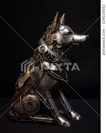 Metal sculpture of a dog in a surreal style. AI generated, AI generative, AI generativ. Metal sculpture of a dog in a surreal style. AI generated, AI generative, AI generativ. 104020082