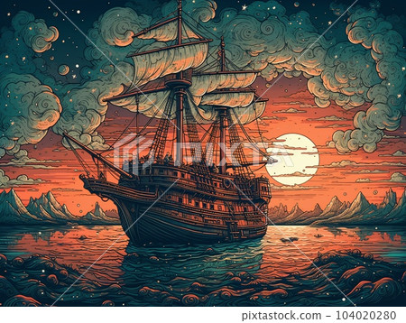 A boat floating on top of a body of water under a night sky. AI generated, AI generative, AI generativ. 104020280