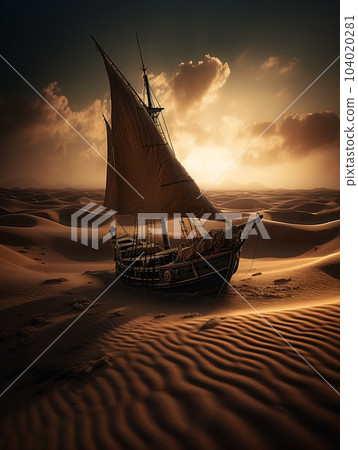 An old sailing boat sailing on the sands of the desert at sunset. AI generated, AI generative, AI generativ. 104020281