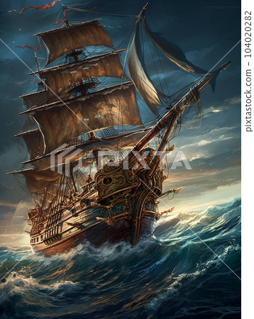 An epic sailing ship in a stormy ocean at sunset. AI generated, AI generative, AI generativ. 104020282