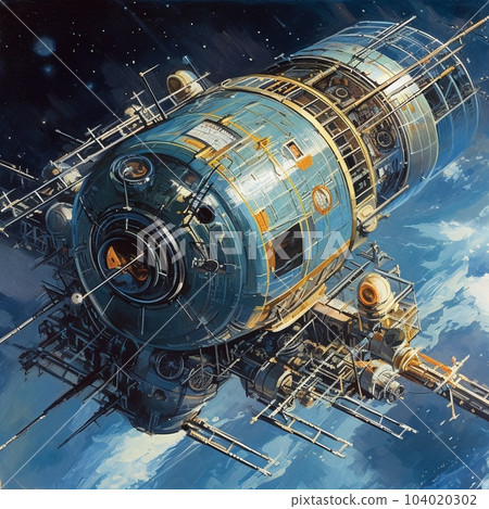 A picture of a space station flying over the earth against the backdrop of the planet earth. AI generated, AI generative, AI generativ. 104020302