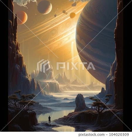 A mesmerizing landscape of the planet's satellite with high cliffs and a stunning view into space with planets in the sky. AI generated, AI generative, AI generativ. 104020309