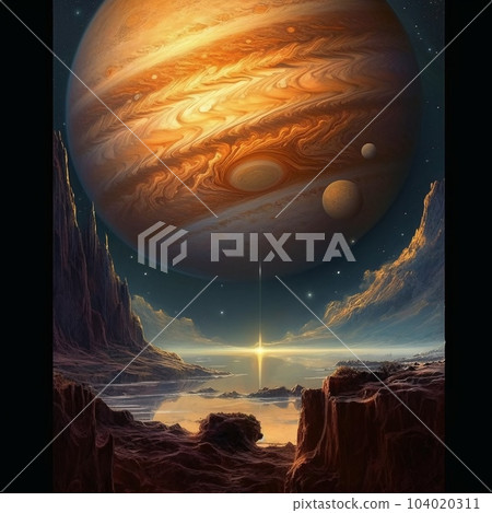 A mesmerizing landscape of the planet's satellite with high cliffs and a stunning view into space with planets in the sky. AI generated, AI generative, AI generativ. 104020311