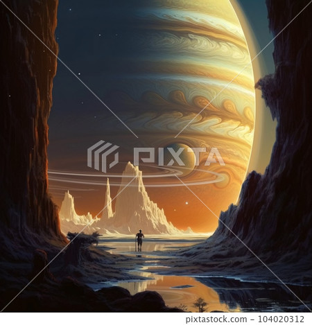A mesmerizing landscape of the planet's satellite with high cliffs and a stunning view into space with planets in the sky. AI generated, AI generative, AI generativ. 104020312