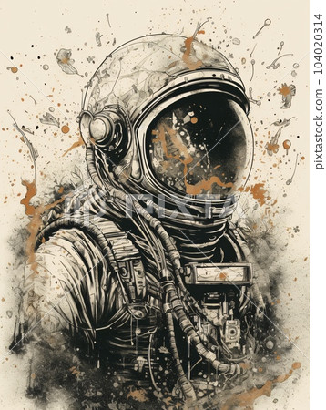 Black and white drawing of an astronaut in space done in graphic art style. AI generated, AI generative, AI generativ. 104020314