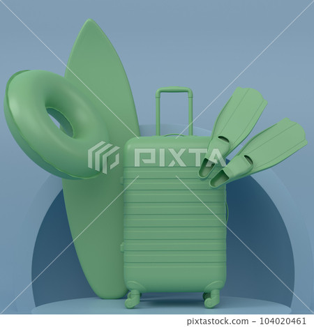 Luggage with beach accessories on podium on monochrome background. 104020461