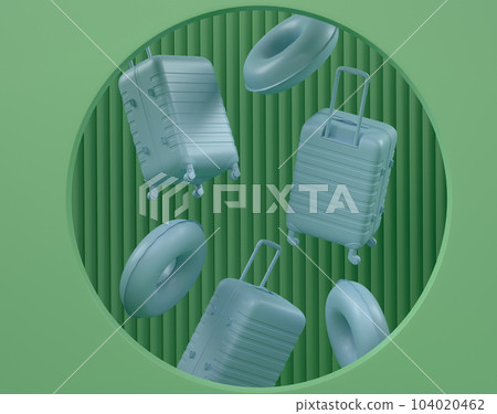 Luggage with beach accessories on podium on monochrome background. Luggage with beach accessories on podium on monochrome background. 104020462