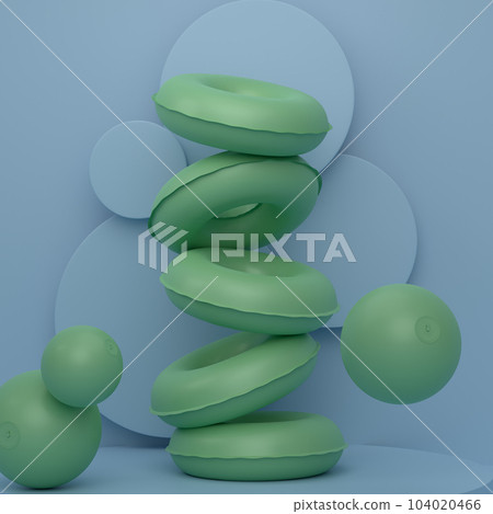 Inflatable rings and beach ball on podium on monochrome background. Inflatable rings and beach ball on podium on monochrome background. 104020466