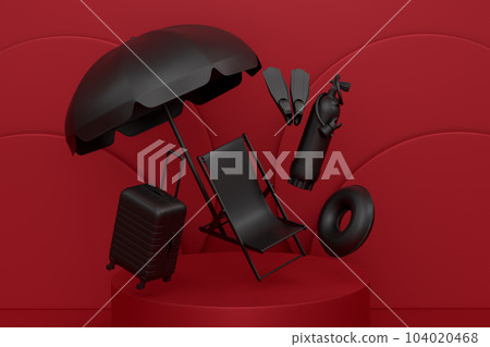 Luggage with beach accessories on podium on monochrome background. Luggage with beach accessories on podium on monochrome background. 104020468