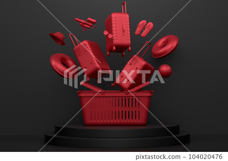 Luggage with beach accessories on podium on monochrome background. Luggage with beach accessories on podium on monochrome background. 104020476
