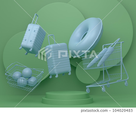 Luggage with beach accessories on podium on monochrome background. Luggage with beach accessories on podium on monochrome background. 104020483