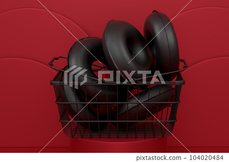 Inflatable rings and beach ball on podium on monochrome background. 104020484