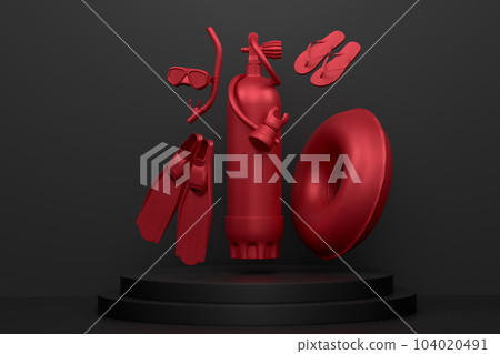 Scuba stuff and beach accessories on podium on monochrome background Scuba stuff and beach accessories on podium on monochrome background 104020491