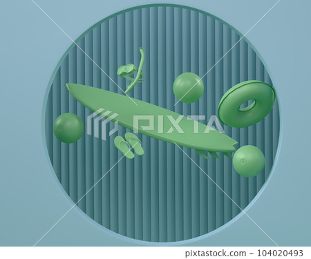 Surfboard, beach ball and scuba mask on podium on monochrome background. Surfboard, beach ball and scuba mask on podium on monochrome background. 104020493