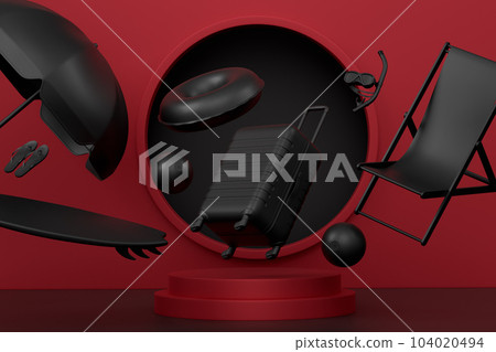 Beach surf, chair, umbrellas and lugagge on podium on monochrome background. Beach surf, chair, umbrellas and lugagge on podium on monochrome background. 104020494