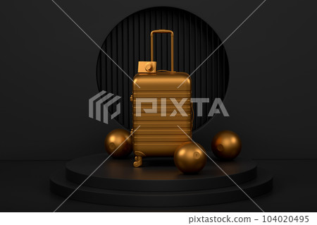Suitcase and baggage on podium or pedestal on monochrome background. Suitcase and baggage on podium or pedestal on monochrome background. 104020495