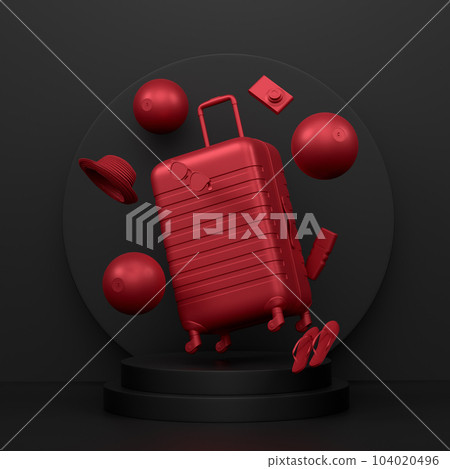 Luggage with beach accessories on podium on monochrome background. Luggage with beach accessories on podium on monochrome background. 104020496