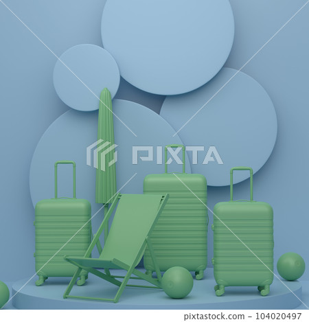 Beach surf, chair, umbrellas and lugagge on podium on monochrome background. Beach surf, chair, umbrellas and lugagge on podium on monochrome background. 104020497