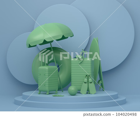 Beach surf, chair, umbrellas and lugagge on podium on monochrome background. Beach surf, chair, umbrellas and lugagge on podium on monochrome background. 104020498