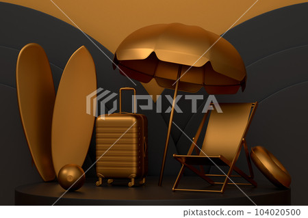 Beach surf, chair, umbrellas and lugagge on podium on monochrome background. Beach surf, chair, umbrellas and lugagge on podium on monochrome background. 104020500