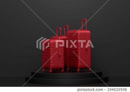 Suitcase and baggage on podium or pedestal on monochrome background. Suitcase and baggage on podium or pedestal on monochrome background. 104020506