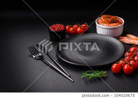 Ingredients for cooking cherry tomatoes, shrimp, salt and spices 104020678