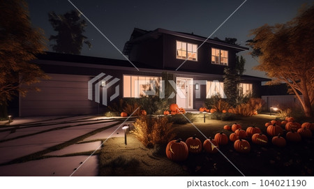 Night view of a modern house with halloween pumpkins 104021190