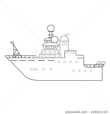 Black-white deep sea research explorer vessel, expedition ship, vector hand drawn outline isolated illustration for coloring book 104021210