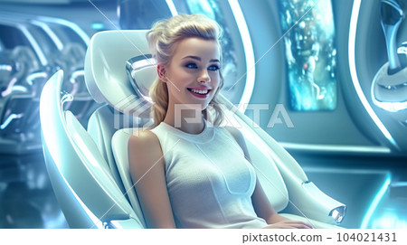 Patient at the dentist's appointment sitting in the dental chair, dental treatment, futuristic style Patient at the dentist's appointment sitting in the dental chair, dental treatment, futuristic style 104021431