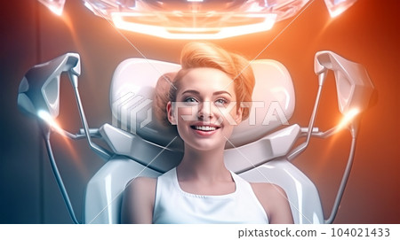 Patient at the dentist's appointment sitting in the dental chair, dental treatment, futuristic style Patient at the dentist's appointment sitting in the dental chair, dental treatment, futuristic style 104021433