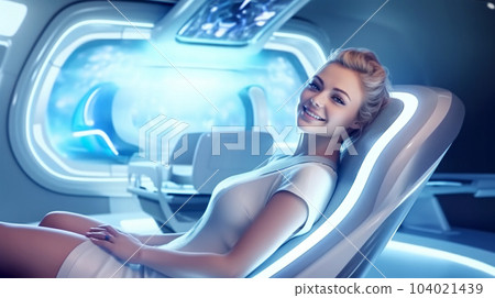 Patient at the dentist's appointment sitting in the dental chair, dental treatment, futuristic style 104021439