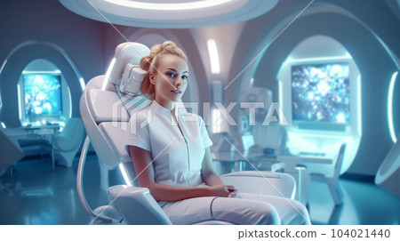 Patient at the dentist's appointment sitting in the dental chair, dental treatment, futuristic style 104021440