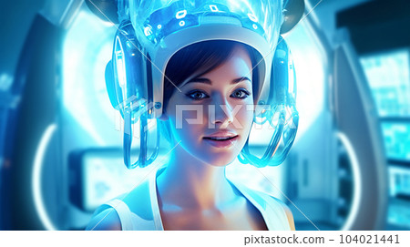 Patient at the dentist's appointment sitting in the dental chair, dental treatment, futuristic style Patient at the dentist's appointment sitting in the dental chair, dental treatment, futuristic style 104021441