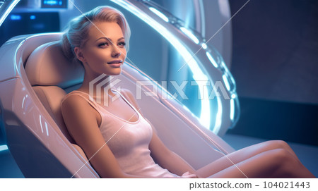 Patient at the dentist's appointment sitting in the dental chair, dental treatment, futuristic style 104021443