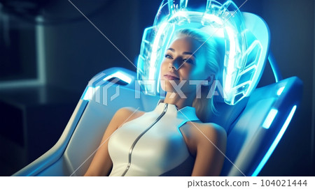 Patient at the dentist's appointment sitting in the dental chair, dental treatment, futuristic style Patient at the dentist's appointment sitting in the dental chair, dental treatment, futuristic style 104021444
