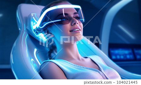 Patient at the dentist's appointment sitting in the dental chair, dental treatment, futuristic style Patient at the dentist's appointment sitting in the dental chair, dental treatment, futuristic style 104021445