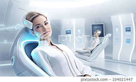 Patient at the dentist's appointment sitting in the dental chair, dental treatment, futuristic style Patient at the dentist's appointment sitting in the dental chair, dental treatment, futuristic style 104021447