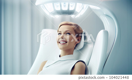 Patient at the dentist's appointment sitting in the dental chair, dental treatment, futuristic style Patient at the dentist's appointment sitting in the dental chair, dental treatment, futuristic style 104021448